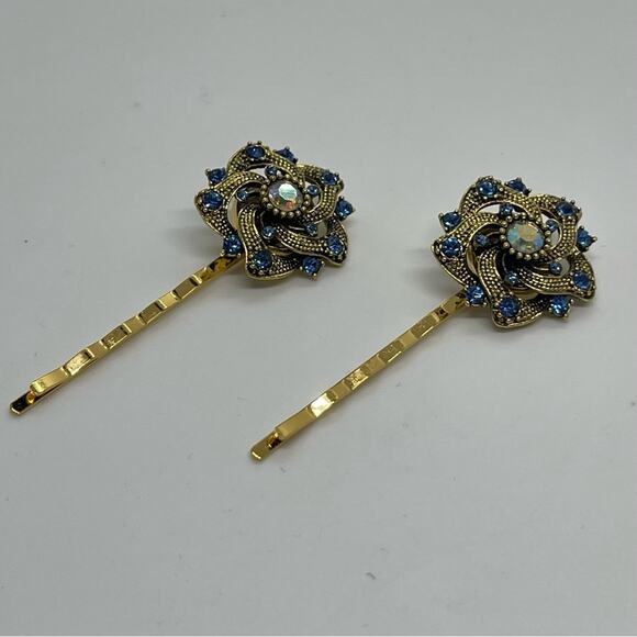 Handmade Blue Rhinestone Gold Set Hair Clips Whimsical HoCo Fairy Jewelry NWT - Picture 3 of 6